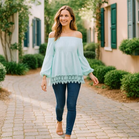 Off Shoulder Top Long Sleeve Green Lace [LAST TWO] - Picture 1 of 5